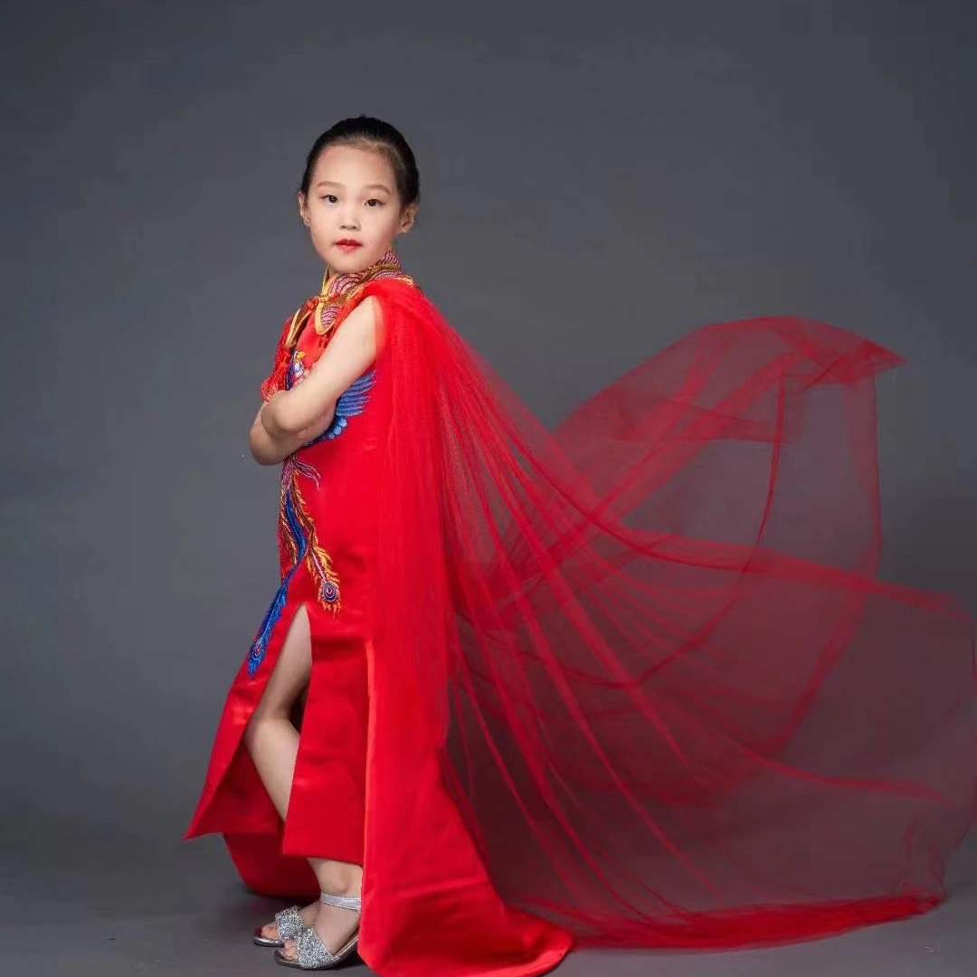 国潮旗袍儿童礼服特价福利时尚走秀长款汉服百搭夏季红色春秋女童