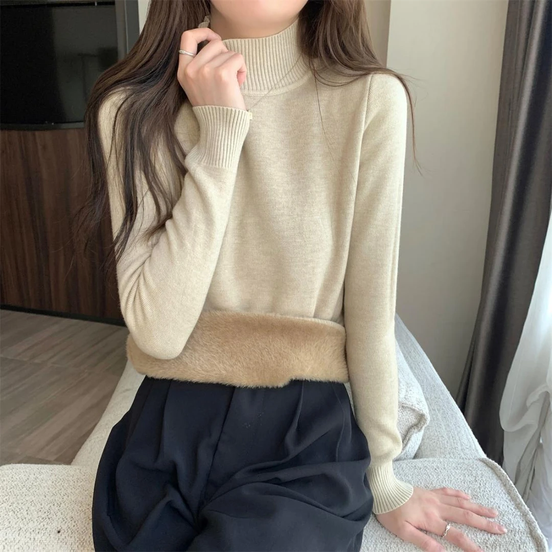 秋冬新款半高领一体绒加绒加厚毛衣女宽松套头保暖内搭打底针织衫