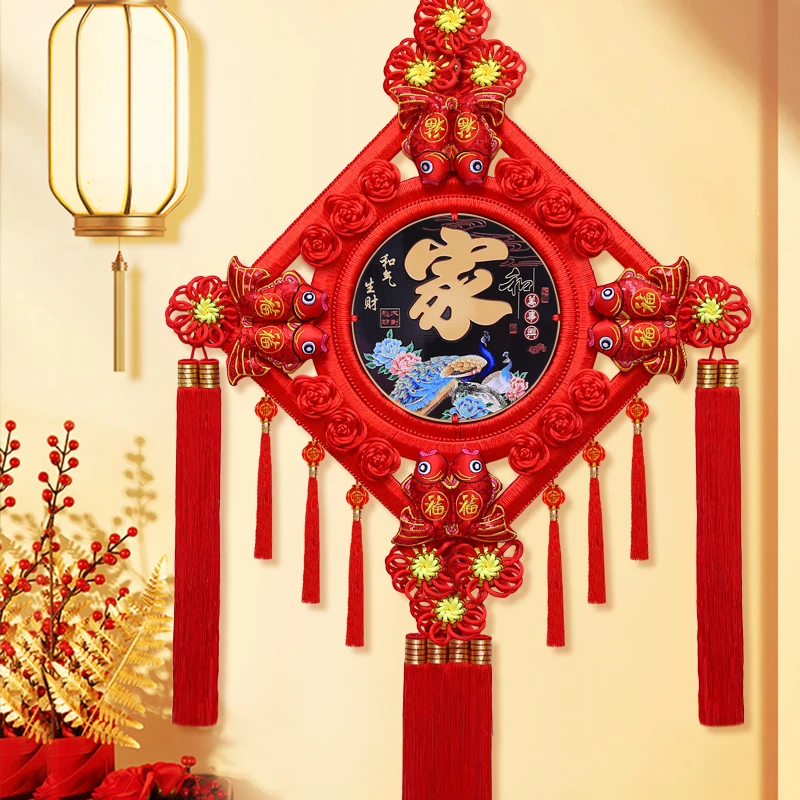 新品龙年雕刻彩绘桃木中国结客厅背景墙玄关挂件家居春节过年挂饰