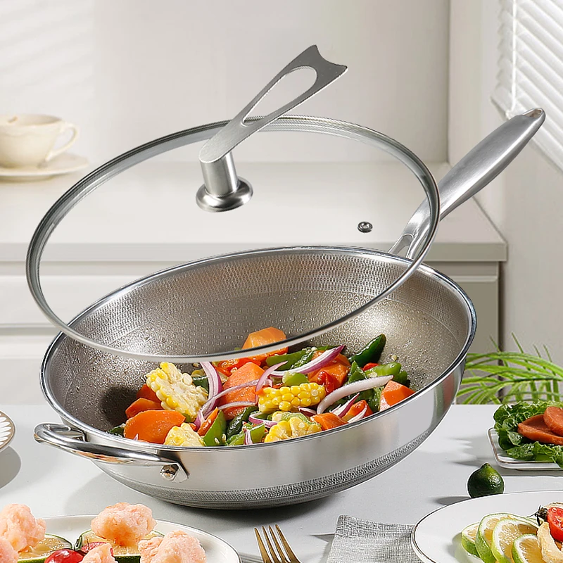 无涂层有钛炒锅双面屏蜂窝不粘锅炒菜煎鱼无油烟煤气电磁炉