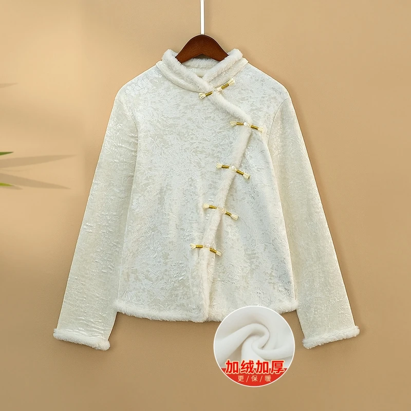 【竹鹃】秋冬加绒保暖打底上衣新中式国风宽松立领提花长袖T恤衫女