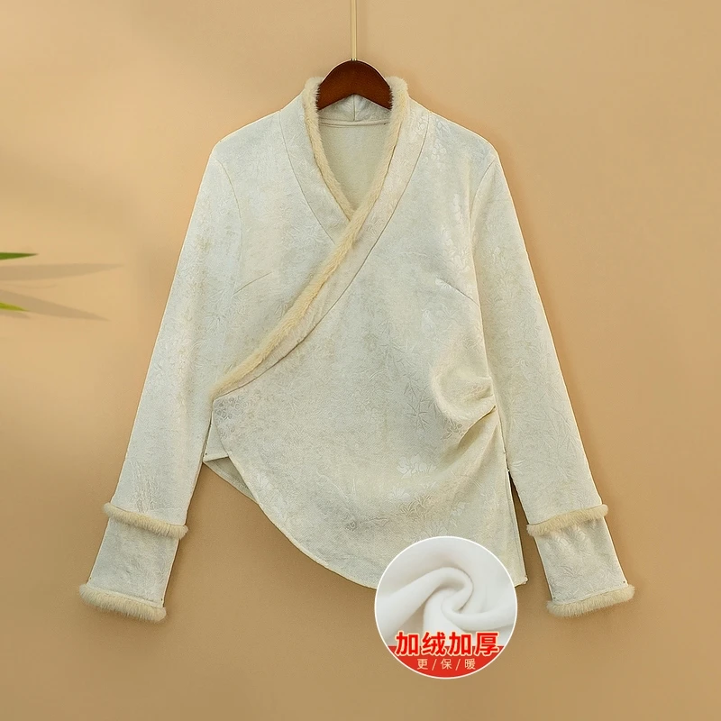 【竹柔】秋冬加绒保暖打底上衣新中式国风宽松V领提花长袖T恤衫女装