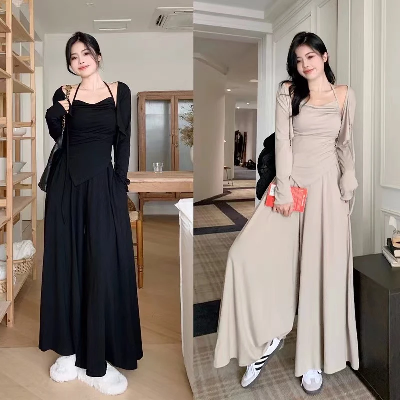 时尚胖mm显瘦秋款外披吊带阔腿裤修饰遮肉纯欲三件套装高腰慵懒风