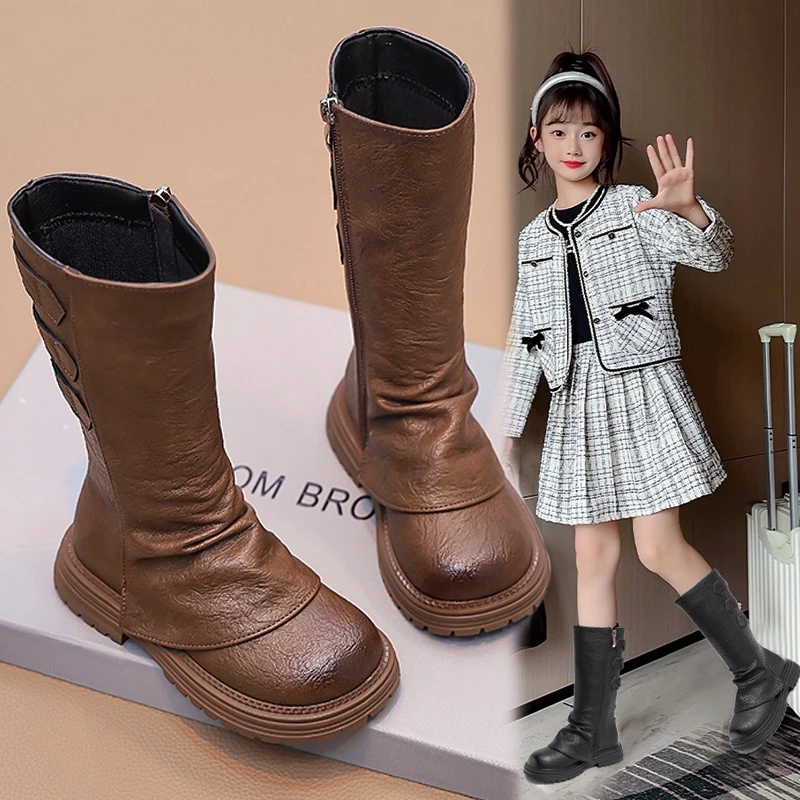 鱼24秋冬款童鞋儿童皮靴女童单里高筒靴小女孩公主靴二棉长靴8088