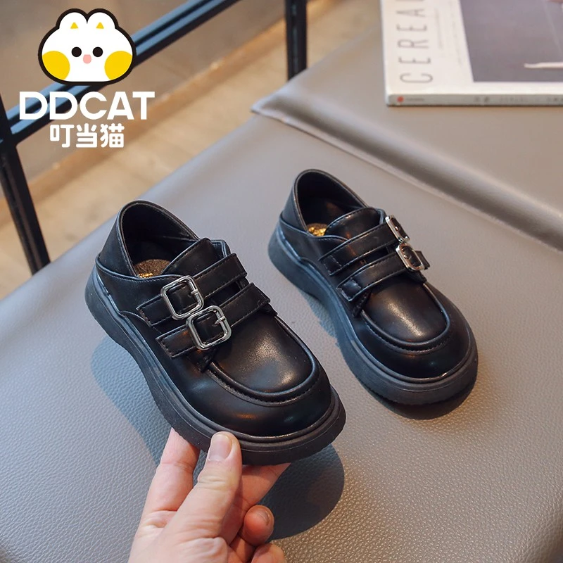 叮当猫女童黑色百搭英伦风小皮鞋2023秋季新款中大童厚底松糕鞋女