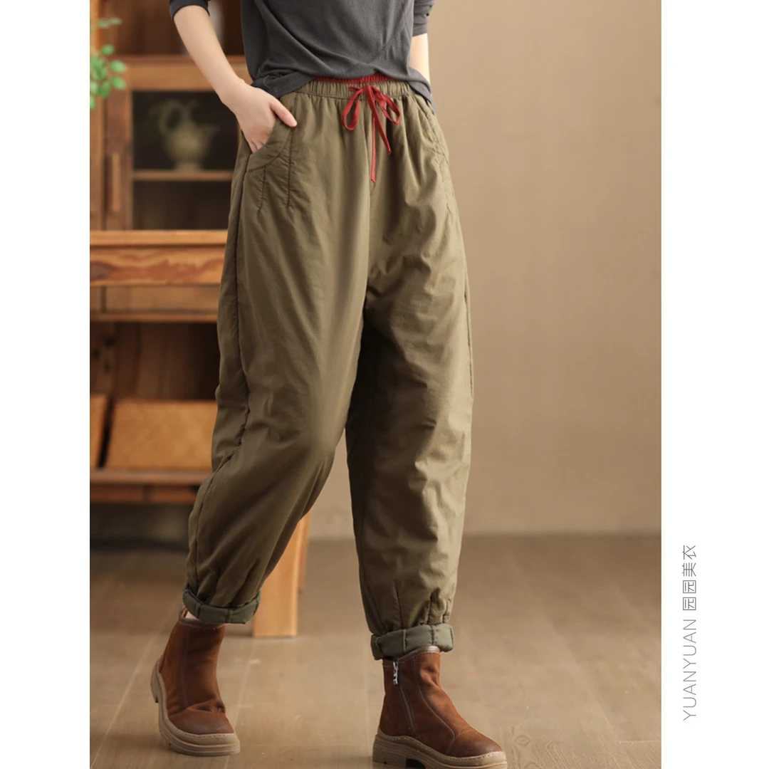 文艺复古全棉加厚冬季棉裤女拼色松紧腰夹棉休闲裤保暖哈伦裤长裤