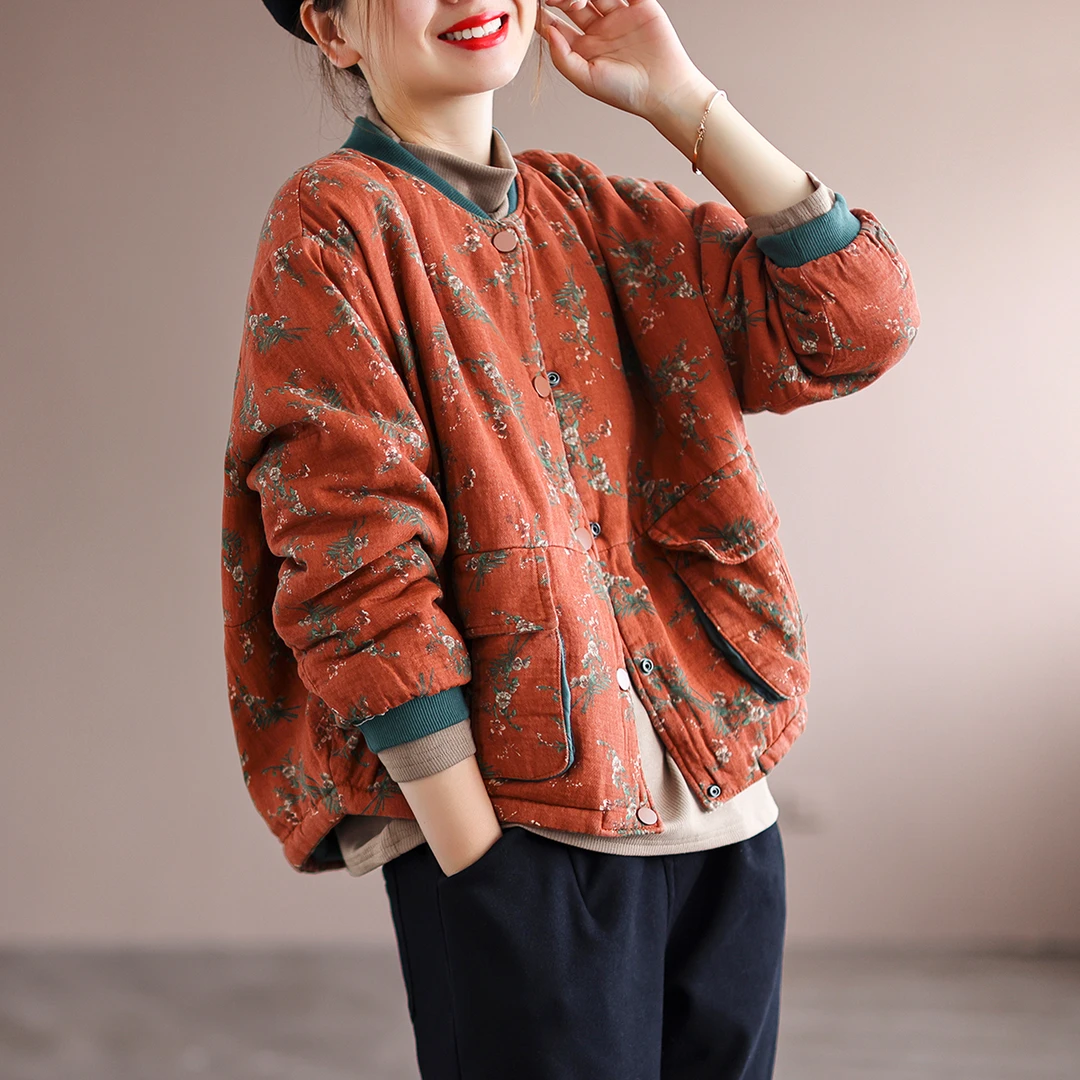 文艺复古2024秋冬新款夹棉加厚碎花棉衣女士宽松大码短款保暖棉袄