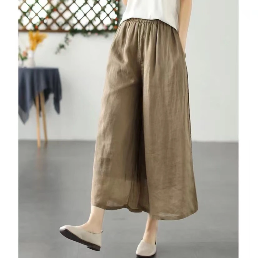 文艺复古纯色苎麻九分阔腿裤女春夏新款宽松大码高腰直筒休闲裤