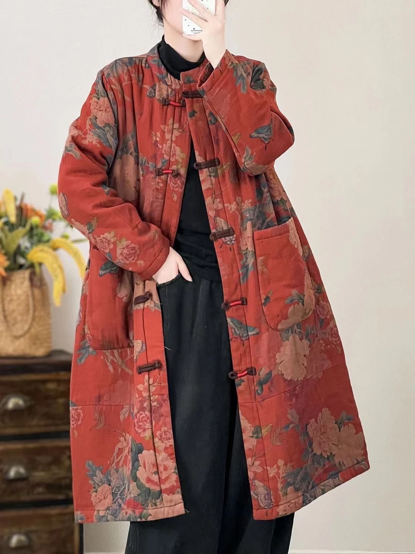 文艺复古中长款盘扣棉衣外套女秋冬新款宽松百搭过膝保暖加厚棉服