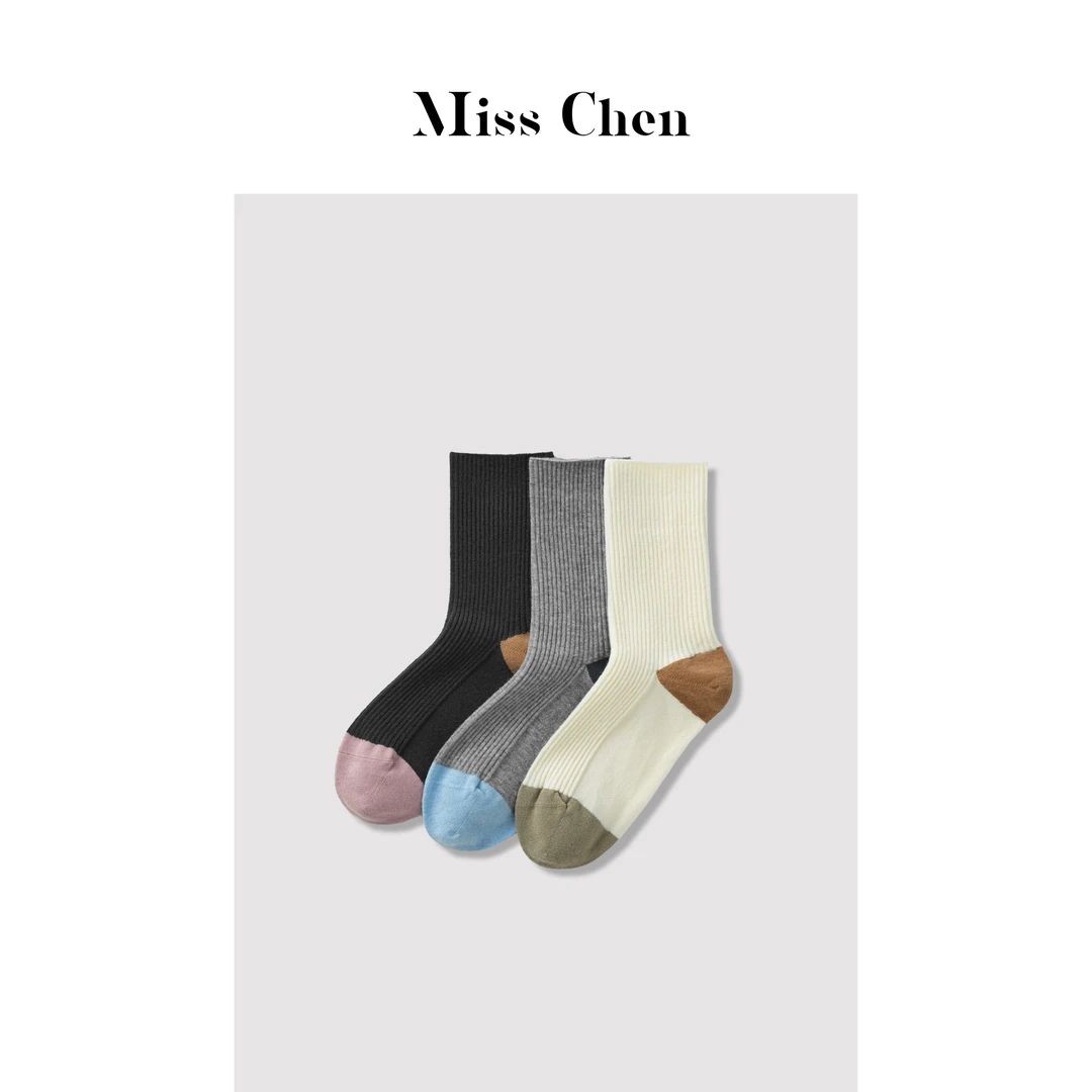 Miss Chen「温暖有型」美丽诺羊毛撞色中筒加厚羊毛袜24141