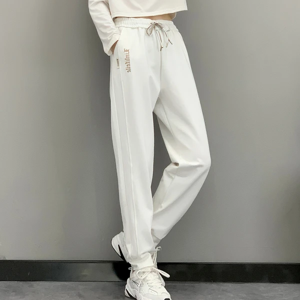 春秋女士户外运动休闲裤显瘦百搭垂感时尚松紧弹力束脚白色长裤子