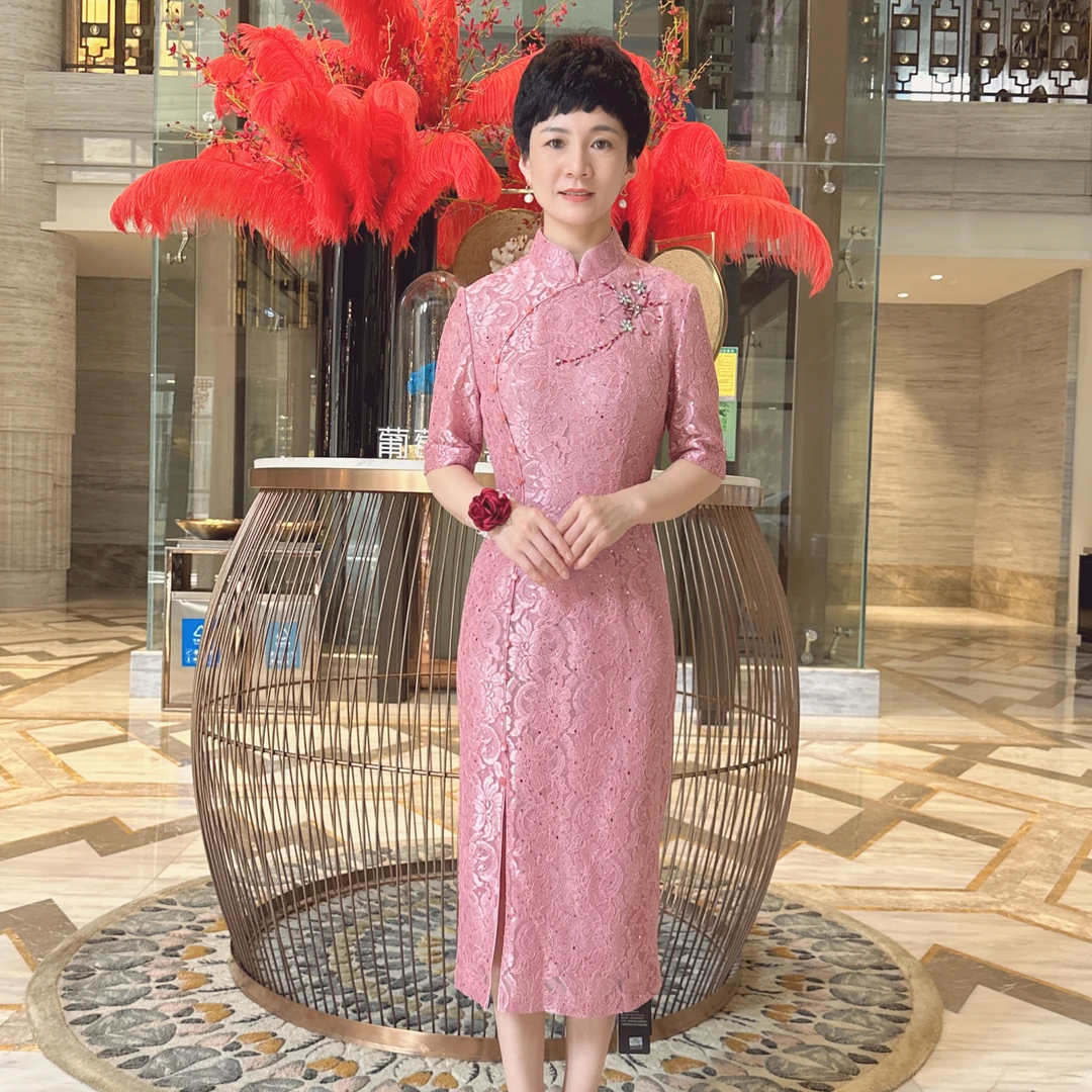 0504 镂空修身粉色短袖婚宴晚会婚礼公司表演聚会喜妈妈礼服优雅