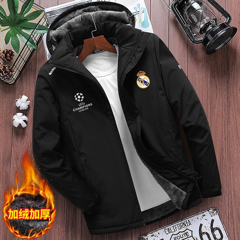 皇马队服欧冠足球迷运动夹克外套连帽保暖加绒棉服男士冲锋衣棉袄