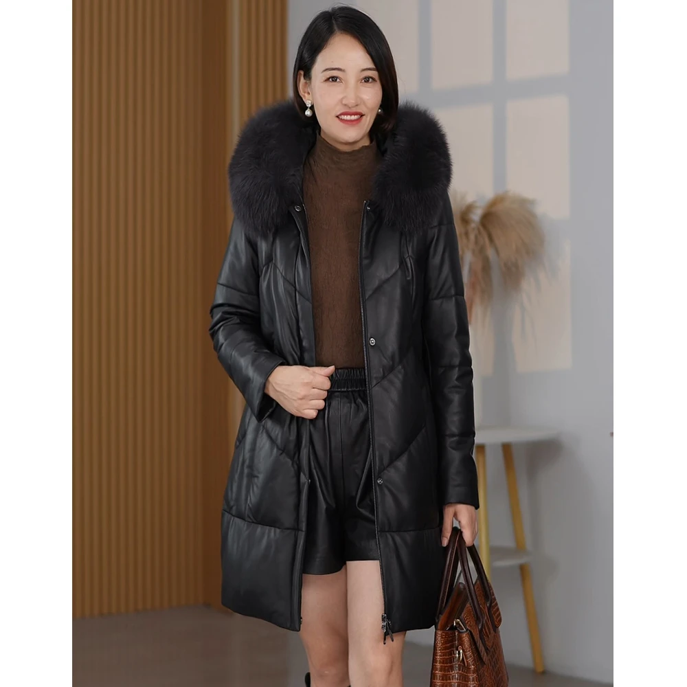 时尚冬季外套修身加厚秋冬真皮皮衣女装中长款大衣连帽狐狸毛领