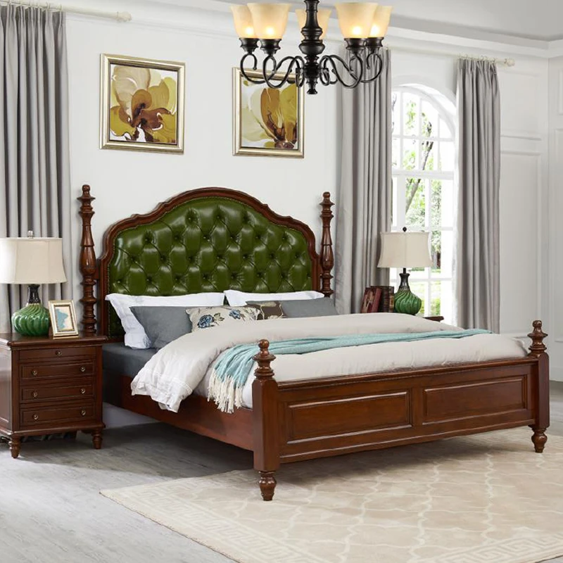 美式实木大床真皮床双人床原木罗马柱造型卧室全实木床简约公主床