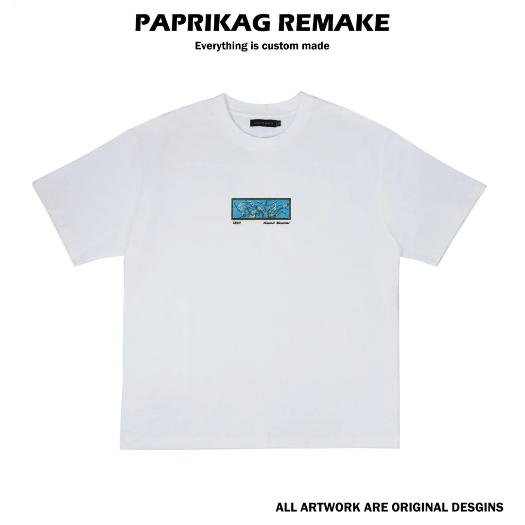 梵高《杏花盛开》原创刺绣重磅夏季潮流新疆棉T恤情侣美式宽松短袖