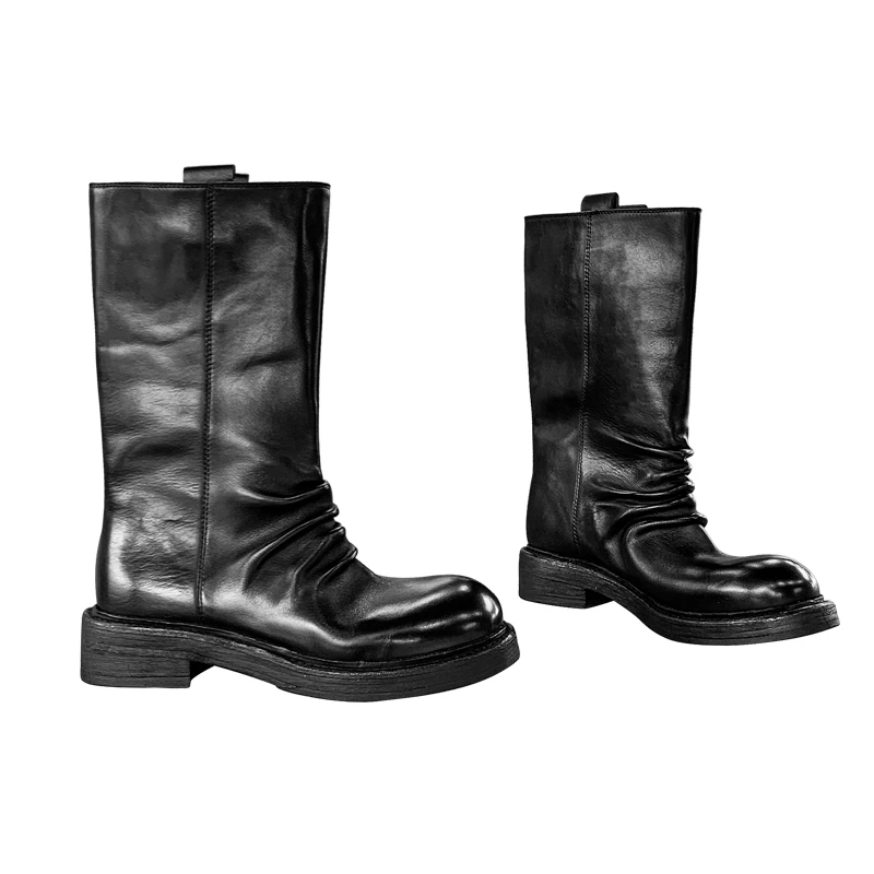 【舒舒】中靴女圆头水洗马皮黑色粗跟百搭褶皱中筒及膝时尚靴女