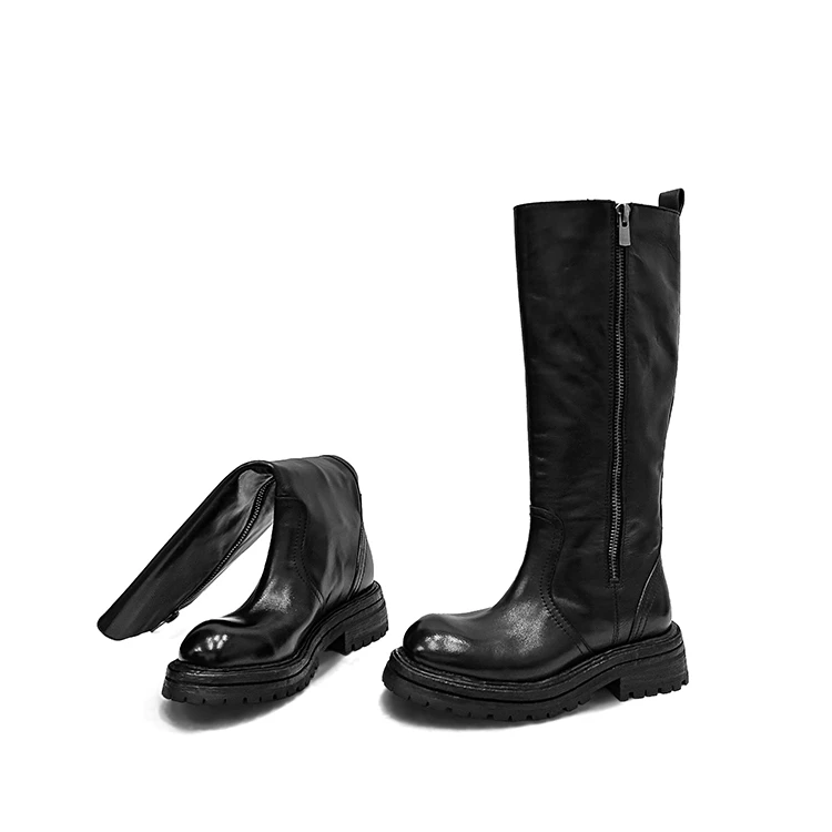 【舒舒】黑色时尚水洗马皮圆头外侧拉链厚底粗跟长筒不过膝高靴
