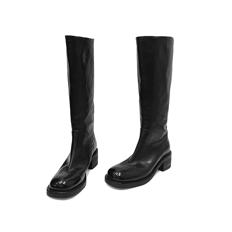 【舒舒】高筒长靴女水洗马皮复古显瘦圆头高跟粗跟不过膝骑士靴女