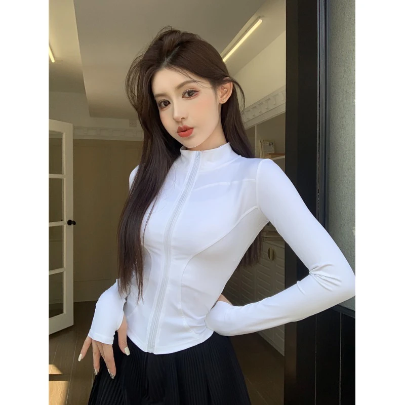 早秋瑜伽运动上衣显瘦紧身修身立领弹力外套春秋长袖网红白色短款