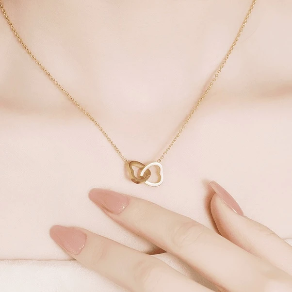 钛钢项链 2024新款双心扣项链女简约精美小巧礼物锁骨链ins不掉色