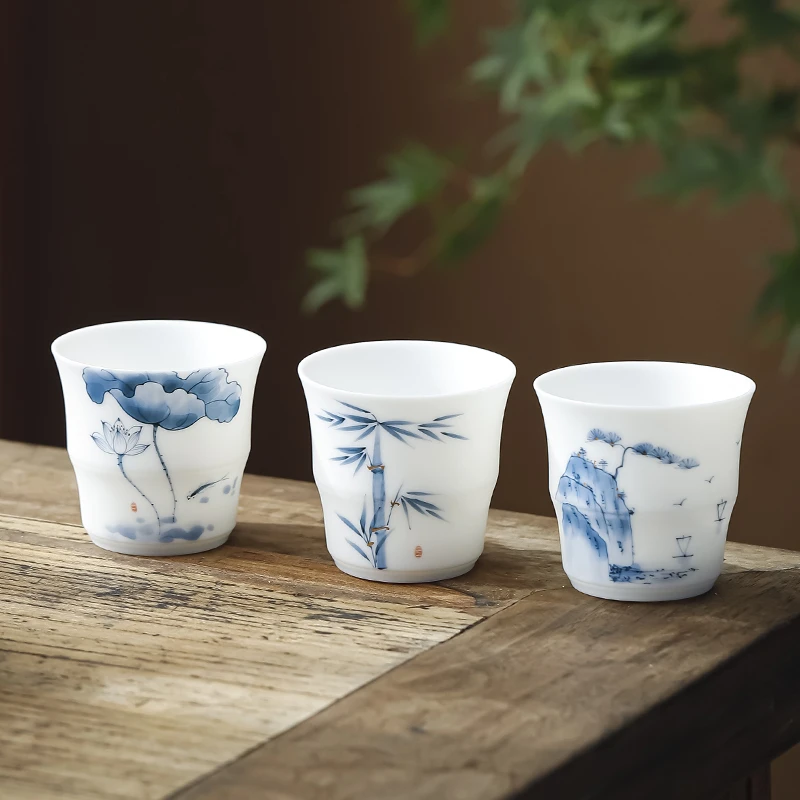 玖仙唐高温素烧羊脂玉白瓷主人杯工艺师手绘节节高升品茗杯1个