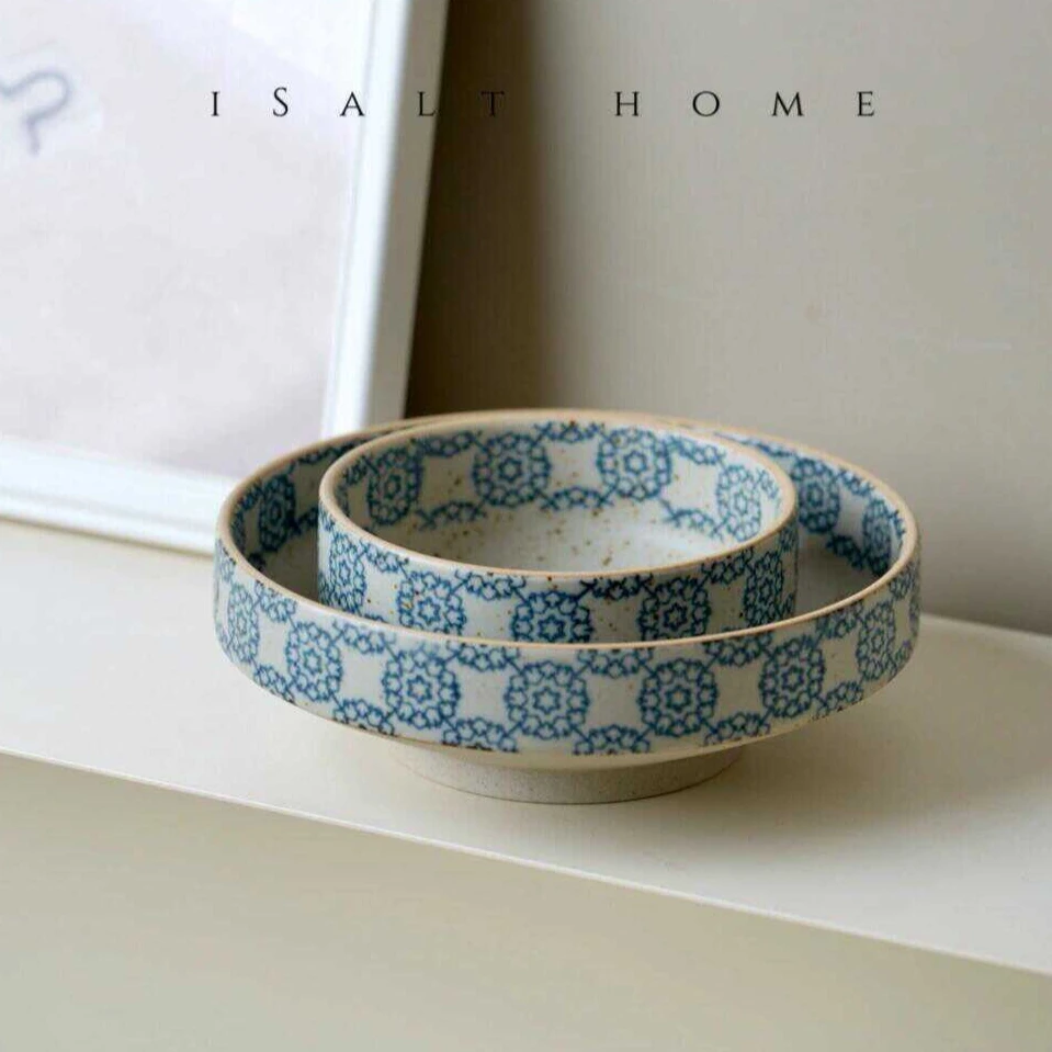 手作绣球高足甜品碗.粗陶青花手绘沙拉碗创意复古耐高温/出丹麦