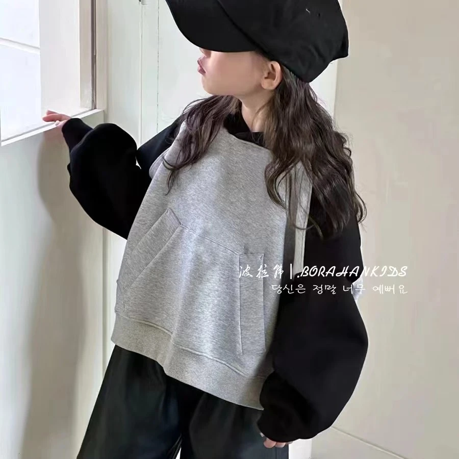 BORAHANKIDS灰蒙蒙连帽卫衣24秋冬百搭韩版中大童洋气时尚上衣