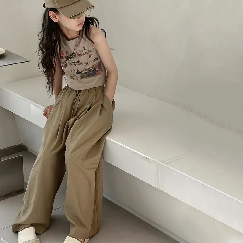 BORAHANKIDS夏目两件套2025夏装女孩直筒裤薄款防蚊裤+背心套装
