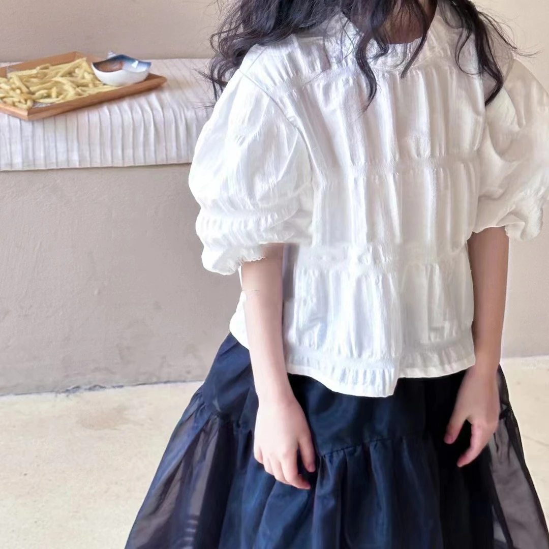 BORAHANKIDS元气少女短袖衬衫+纱裙套装2024夏装泡泡袖衬衣半身裙
