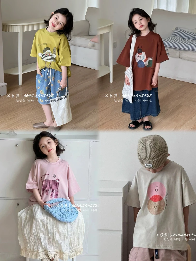 BORAHANKIDS印花短袖夏季2024儿童洋气T恤上衣男童宽松棉t恤