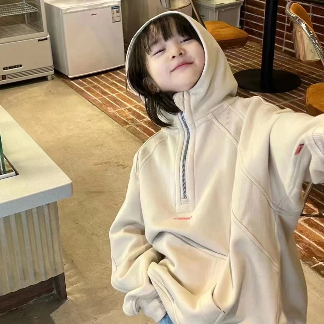 BORAHANKIDS半拉链连帽卫衣2024秋中大童套头宽松拉链衫