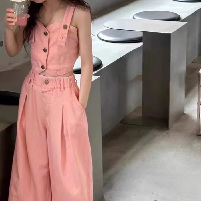 BORAHANKIDS甜辣两件套牛仔套装2024夏装女孩吊带背心马甲直筒裤