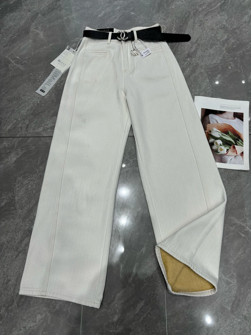 欧货白色加绒阔腿牛仔裤女秋冬季高腰宽松显瘦休闲加厚直筒拖地裤