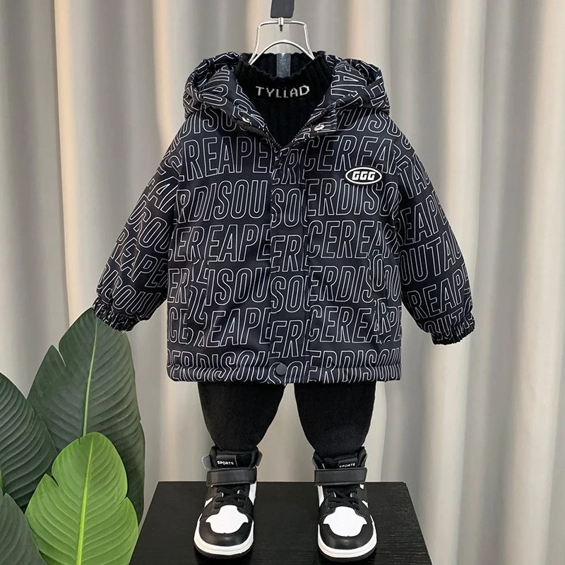 儿童童装印花外套女童男童加绒加厚秋冬冬装洋气连帽棉服外套保暖
