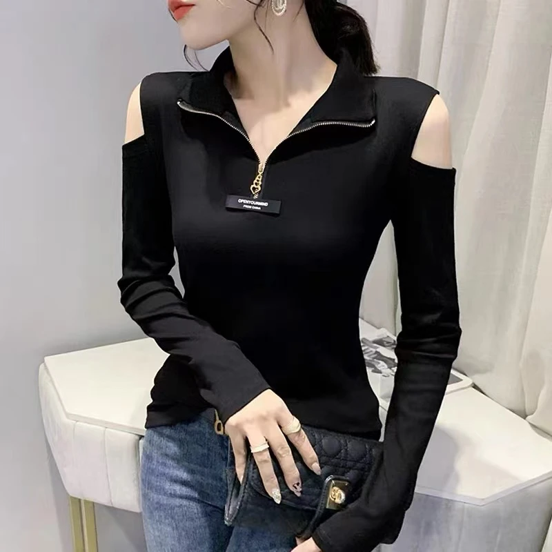 新款拉链露肩上衣长袖T恤打底衫