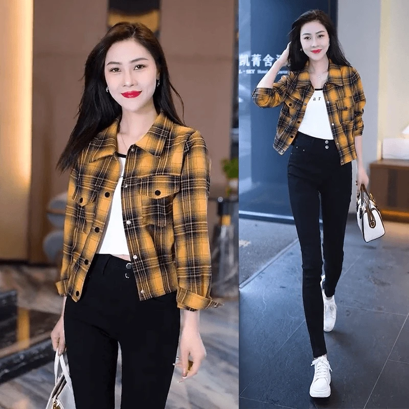 小个子短款格子衬衫外套女2025春秋新款长袖宽松减龄百搭休闲衬衣