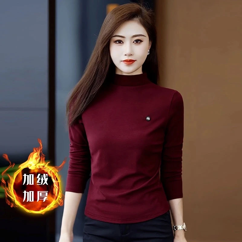 加绒加厚打底衫T恤女秋冬季2024新款爆款时尚半高领内搭长袖上衣