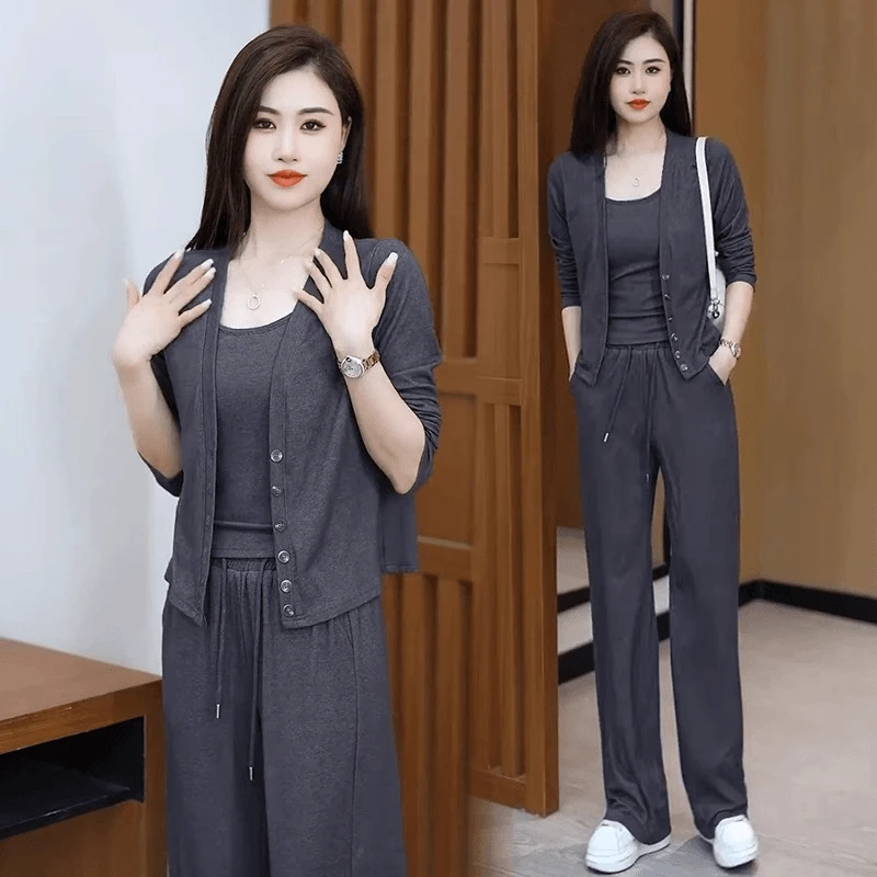 慵懒风时尚休闲套装女秋季新款洋气显瘦开衫背心阔腿裤减龄三件套