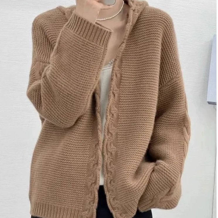 重磅加厚纯色羊毛针织开衫女连帽时尚气质毛衣宽松针织软糯外套