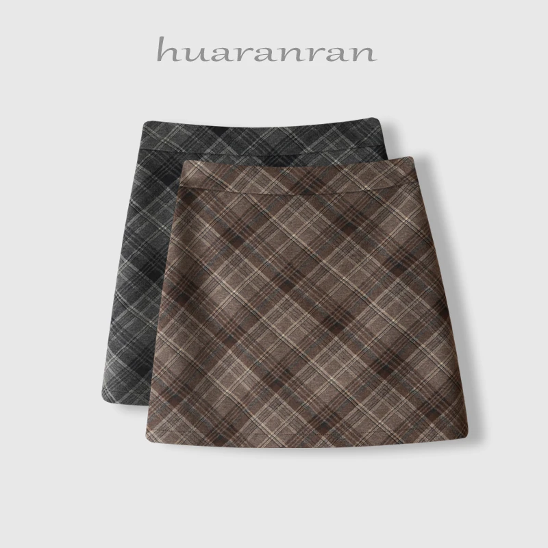 【毛呢裙/裙长39/防走光】格子半身裙女秋冬高腰显瘦呢子短裙23228
