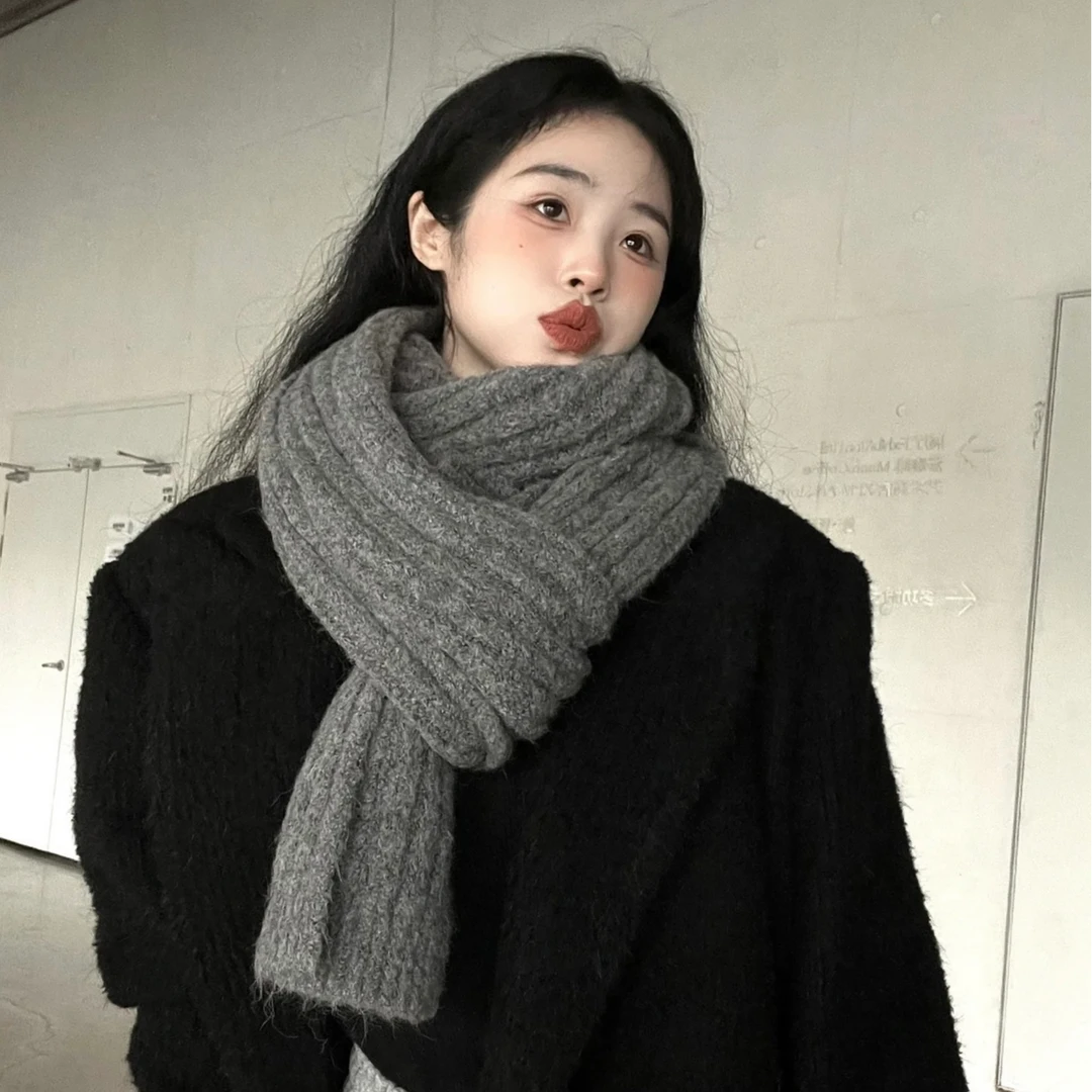 韩版ins灰色针织围巾女冬季2024新款洋气百搭保暖毛线围脖男情侣