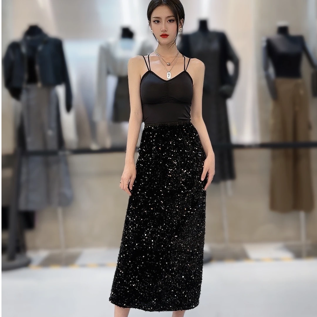 网红时尚亮片半身长裙一步裙女秋冬款防走光高腰显瘦