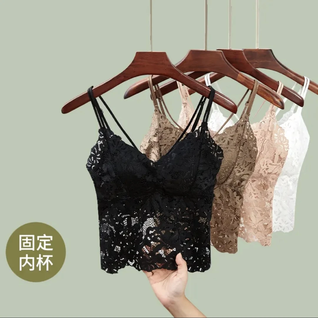 林欣阳蕾丝美背文胸网红吊带背心少女外穿潮流打底夏季胸垫内搭