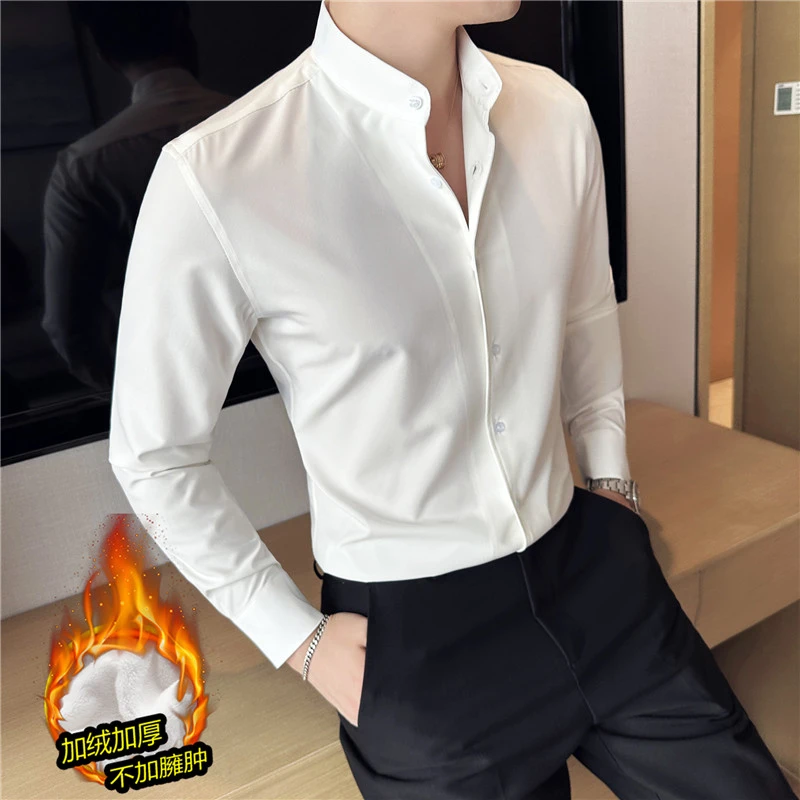 新中式高级感加厚加绒立领衬衫男士长袖圆领衬衣弹力衬衣中国风