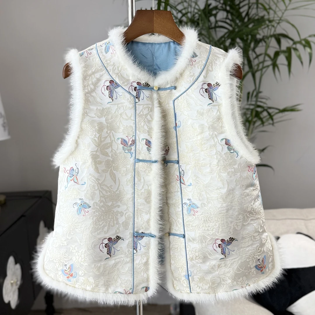 【云沁雪】Z 34072桑蚕丝国风新中式秋冬高端百搭时尚 白色云锦马甲