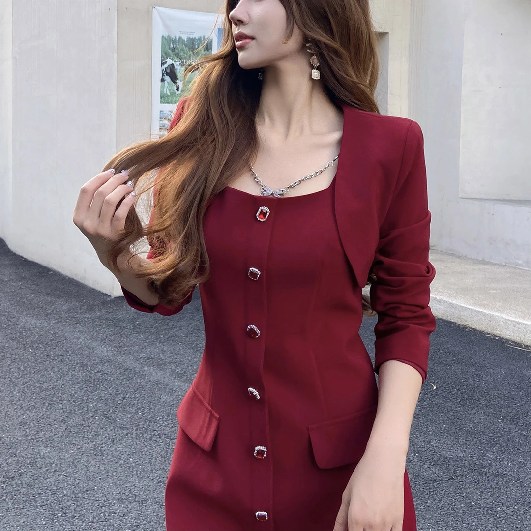 珠链装饰通勤外套连衣裙套装女秋季新款休闲套装DM1CSE019