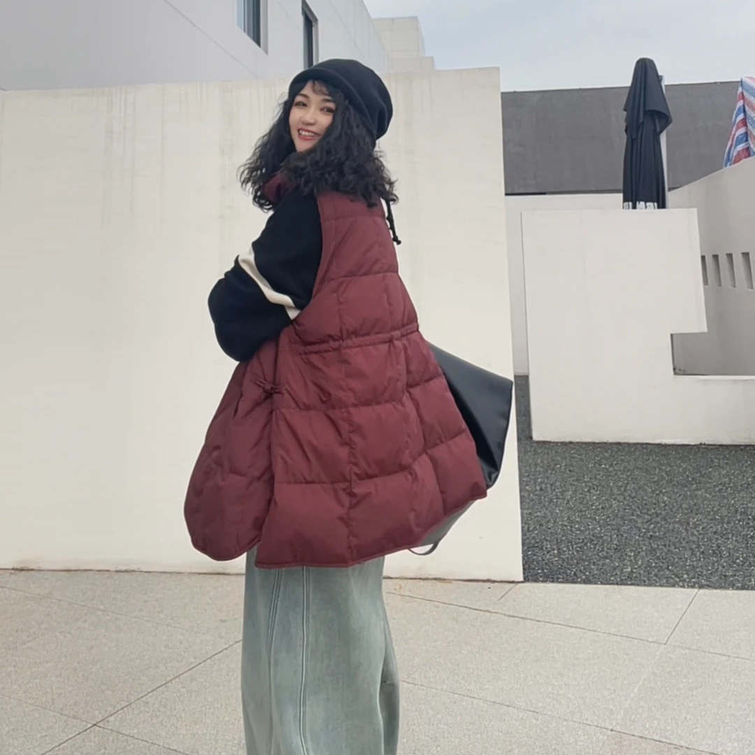 【若汐女装】国风大版宽松复古盘扣款保暖后背抽绳款羽绒马甲1302