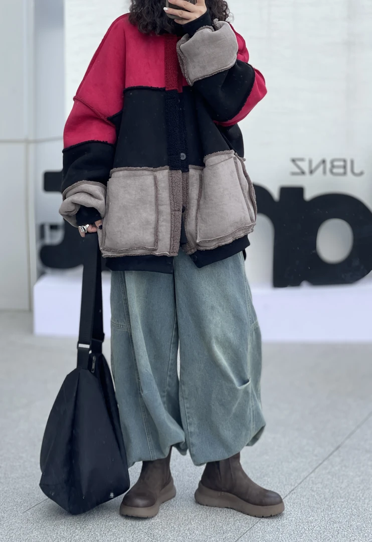 【若汐女装】欧韩版宽松大版百搭皮毛一体加厚正反两穿毛毛外套8501