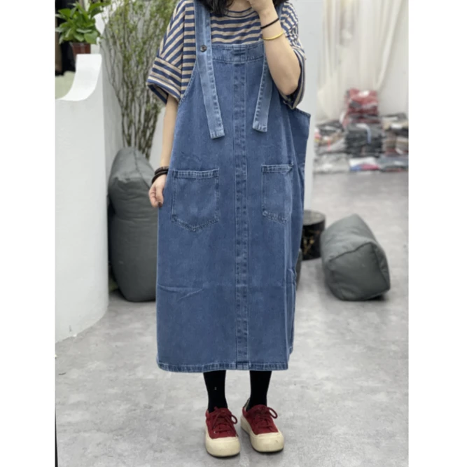 【若汐女装】宽松大码显瘦遮肉款早秋款水洗软牛仔背带长裙8570